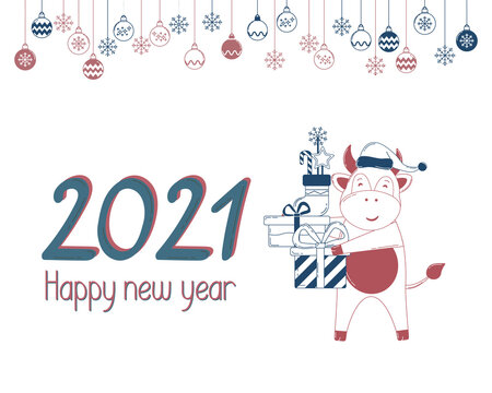 Greeting card with new year 2021 elements and  Cheerful ox whith presents. Isolated on white.  Happy chinese new year 2021 of the ox.  Vector illustration. Clip art for web card, poster, cover.