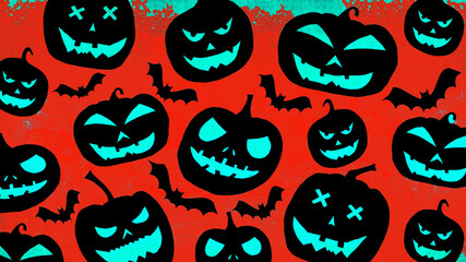 HALLOWEEN symbol background template design -Top view Silhouette of scary carved luminous cartoon pumpkins and bats isolated on red turquoise aquamarine texture