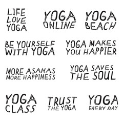 Lettering for yoga studio with text Life, love, yoga, yoga online, yoga beach, be yourself with yoga, yoga class isolated on white background, vector stock illustration set