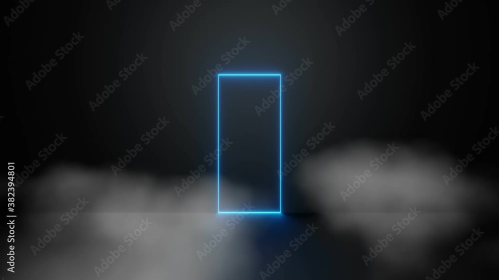 Poster abstract blue laser neon light glowing lines rectangular frame smoke fog background 3d rendering