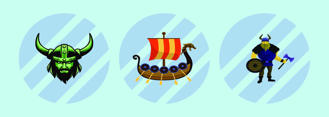 Fototapeta premium set of viking equipment. boat and more cartoon icon design template with various models. vector illustration isolated on blue background