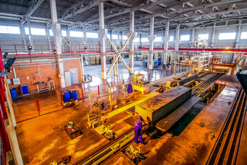Naklejka premium Production of aerated concrete blocks at factory transport stage