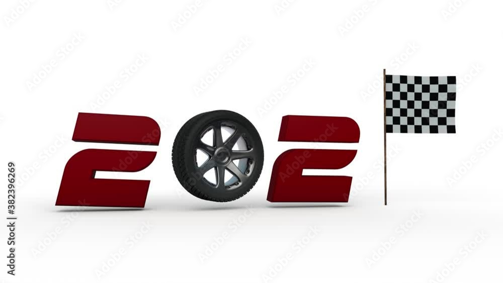 Poster 3d animation of the new year's date 2021 with a car wheel instead of zero and a flag instead of one.