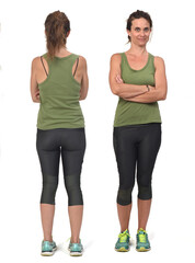  front and back view of same woman with sportswear on white