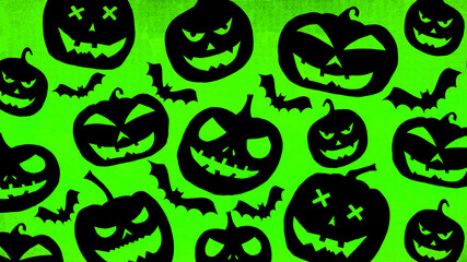 HALLOWEEN symbol background template design -White silhouette of scary carved luminous cartoon pumpkins and bats isolated on neon green texture
