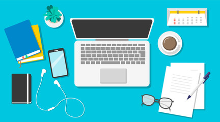 仕事風景のデスクトップ　フラット俯瞰図