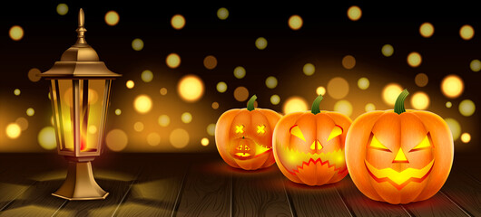 Halloween banner. Pumpkins with carved muzzles on a wooden table with a lantern and bokeh effect. Realistic 3D illustration. Vector.