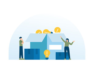 illustration of a man and woman standing and opening a box containing a light bulb. the concept of finding ideas, unboxing, out of the box. problems and solutions. flat style. UI