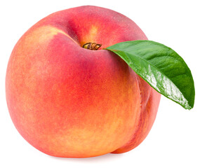 single peach fruit with green leaf isolated on white background. full depth of field