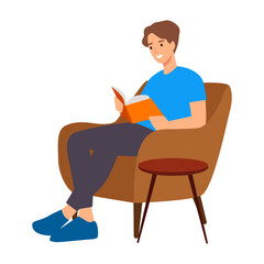 Flat man with home clothes reading book. Concept relax student character, room, day. Vector illustration. isolated on white background