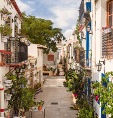 Fototapeta na wymiar narrow alleys of the picturesque neighborhood of Santa Cruz with houses adorned with azulejos and many flowerpots outside.Mediterranean city of Alicante, Spain