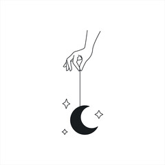 Woman's hand holding moon and stars, magic mystical symbol. Abstract logo template for your design, line art style. Vector illustration