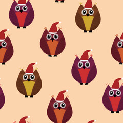 New Year seamless pattern with owls on an orange background