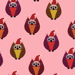 New Year seamless pattern with owls on a pink background
