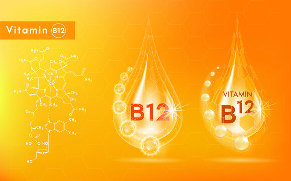 Vitamin B12 gold icon. Shining golden essence droplet. Beauty treatment nutrition skin care design. Vector illustration.