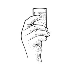 Male hand holding glass vodka. Vintage vector engraving