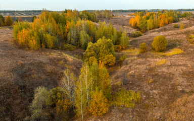 Top view of the beautiful autumn trees growing on the slopes of the ravine illuminated by the setting sun
