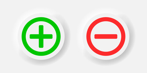 Plus and minus vector neomorphism style green and red icon, neumorphic calculation symbol marks illustration