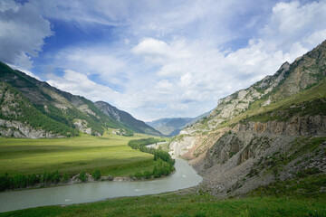 View of the Altai valley with a cold mountain river