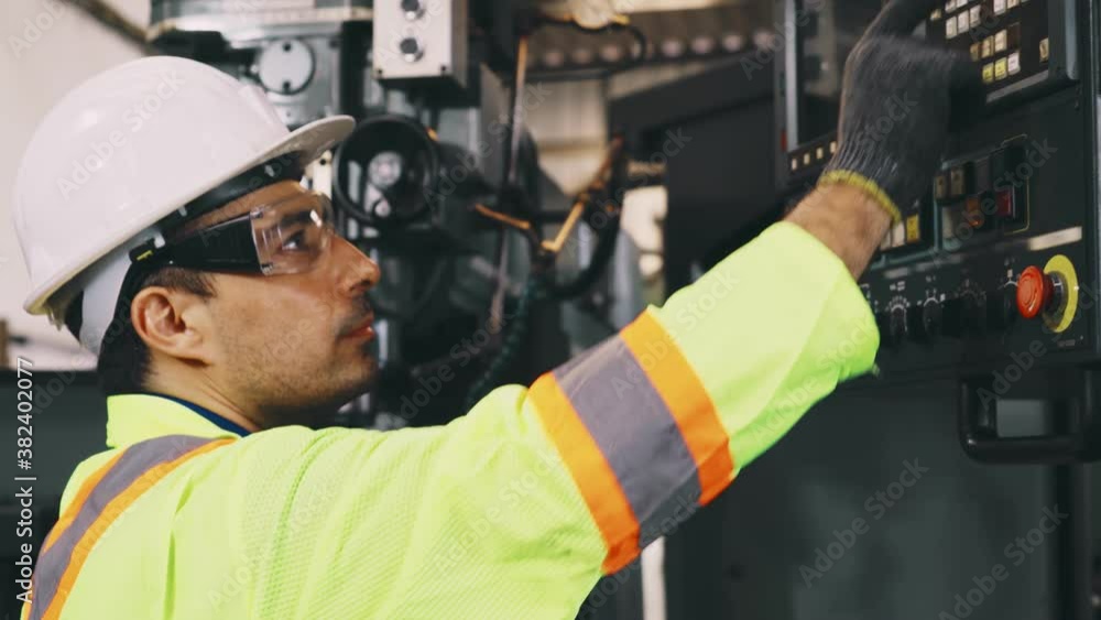 Poster smart factory worker using machine in factory workshop . industry and engineering concept.
