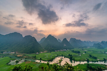 Beautiful step of rice terrace paddle field in sunset and dawn at Trung Khanh, Cao Bang.