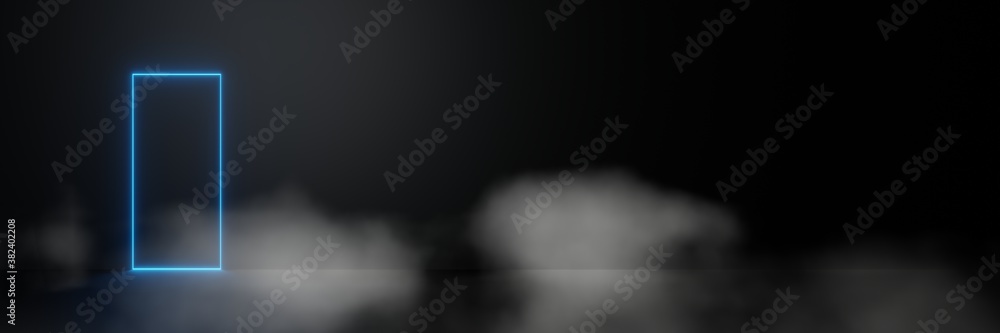 Poster abstract blue laser neon light glowing lines rectangular frame smoke fog background 3d rendering