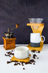 Pour over coffee maker, coffee cup and mug