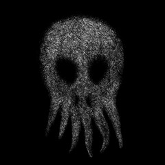 Octopus mask on a black background, monochrome digital painting, concept for suspense and horror.