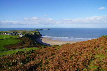 Gower Peninsular Rhossilli Bay Panoramic with Green Hills surrounding the Sandy Bay - Green Welsh Hillsides