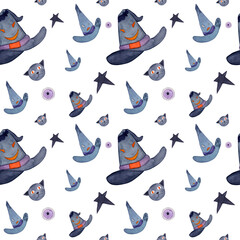 Halloween Witch's Hat watercolor seamless pattern. Witchcraft objects illustration. Decorative art background. 