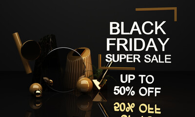 Black Friday Poster or banner with geometric shape in black and yellow neon lighting colour concept 3d rendering