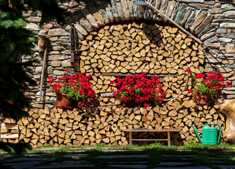 woodpile in garden, three flower pots with red flowers and pitchfork on wall