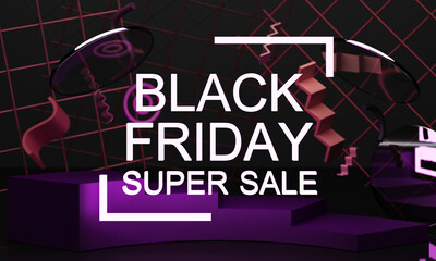 Black Friday Poster or banner with geometric shape in pink and purple neon lighting colour concept 3d rendering