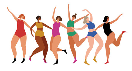 Group of colorful smiling dancing girls. Plus size women. Body positive. Young happy female dancers party. Women dancing. Isolated on white background. Cartoon flat style vector illustration