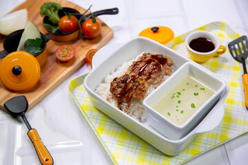 Crispy fried pork bowl full set, rich in nutrients for lunch.