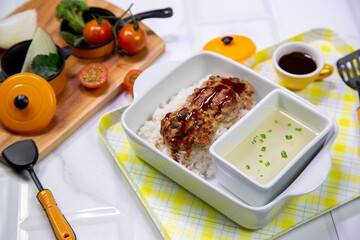 Crispy fried pork bowl full set, rich in nutrients for lunch.