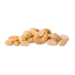 Dried fruit - Composition of cashews, hazelnuts, roasted and salted peanuts on a white background