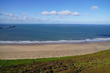 Gower Peninsular Rhossilli Bay Panoramic with Green Hills surrounding the Sandy Bay - Green Welsh Hillsides