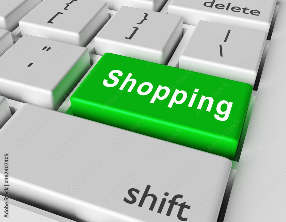 Aufkleber shopping concept. word shopping on button of computer keyboard