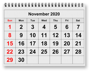 Monthly calendar - month November 2020