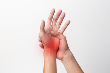 hand man suffering from pain in the wrist and fingers isolated on white background.with clipping path