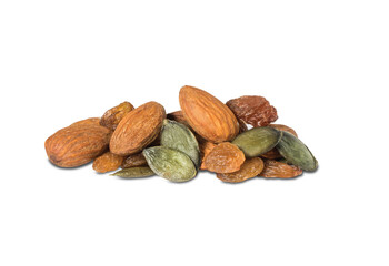 Dried Fruit - Composition of Almonds, Sunflower Seeds, Raisins on a white background