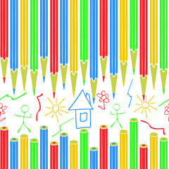 Seamless vector pattern with coloured pencils on white background. Cute hand drawn wallpaper design for children. Preschool fashion textile.