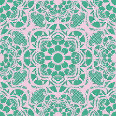 Seamless vector pattern with lace texture on blue background. Gentle embroidery wallpaper design. Moroccan fashion textile.