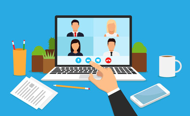 Learning or meeting online with conference. Conference video call, working from home.