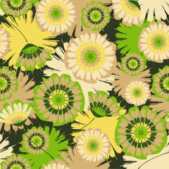 Seamless vector pattern with abstract daisy flowers on grey background. Soft pastel floral wallpaper design. Tie dye fashion textile.