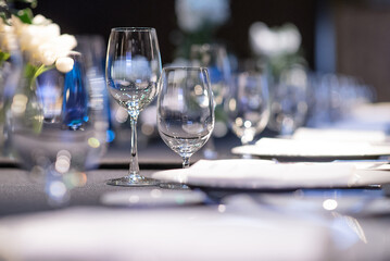 empty wine glasses prepared  for dinner