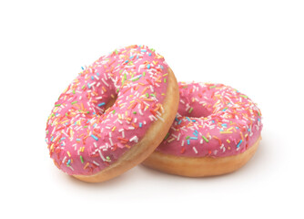 Two pink glazed doughnuts with colorful sprinkles