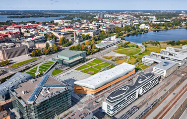 Aerial view of the autumn Helsinki cityscape. Landmarks on the picture: Oodi library, Sibelius...