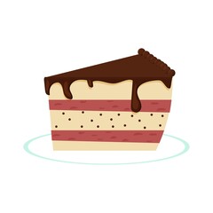 A piece of cake, triangle slice with chocolate cream on plate isolated on white background. Decoration for menus, clip art. 